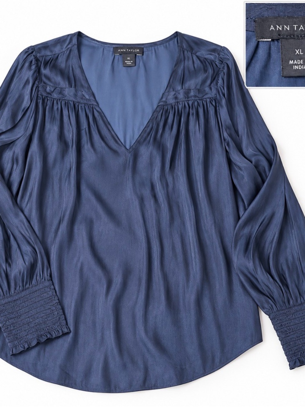 Ann Taylor Navy Satin V-Neck Long-Sleeve Blouse